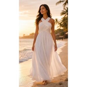 NWT Bill Levkoff White Chiffon Dress 6 Pleated Crisscross Bodice Bridal Beach